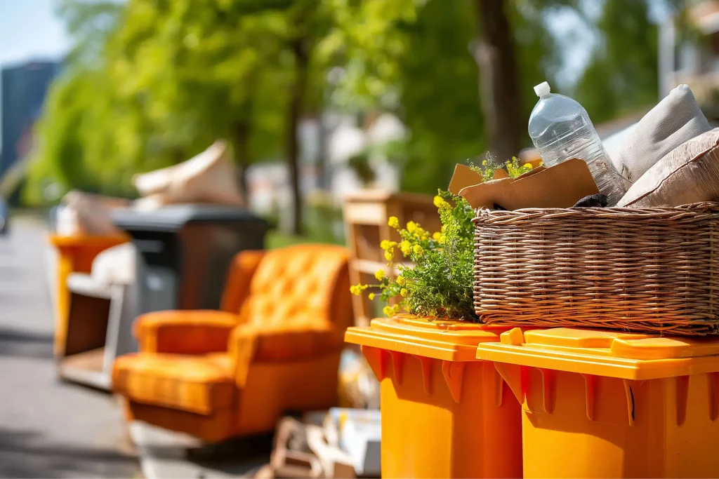 Discarded household furniture and trash bins outside for collection.
