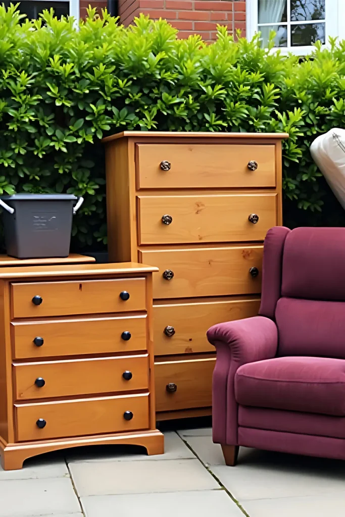 Discarded household furniture and trash bins placed outside for collection on a sunny day.