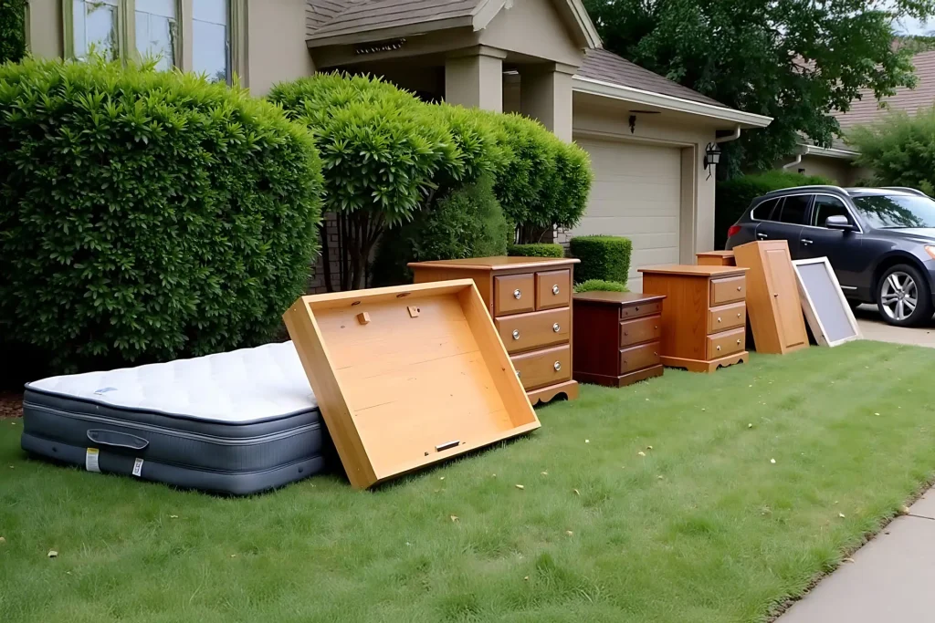 Discarded mattress and wooden furniture items lined up on a grassy lawn outside a suburban home ready for removal or donation.