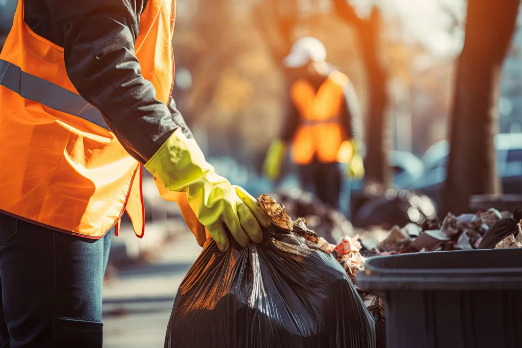 Worker collecting garbage of urban municipal are collecting for trash removal.