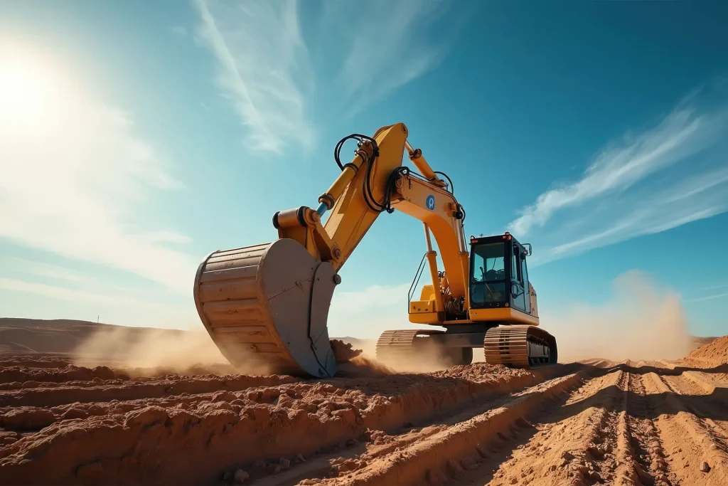 Yellow excavator machine grades dirt road under bright blue sky.