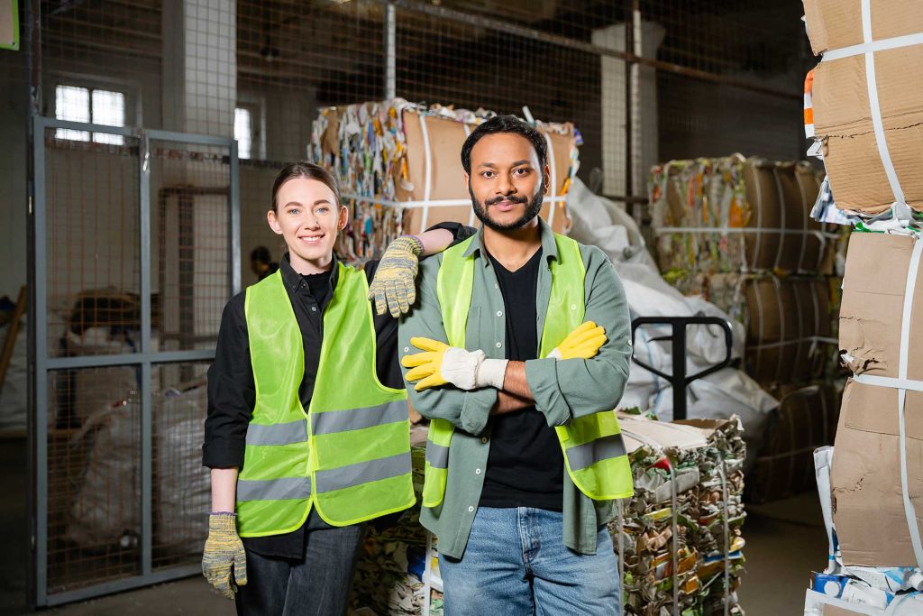 Male and female smiling young workers in protective vest and gloves inside a recycling plant. They are surrounding by cardboard boxes.