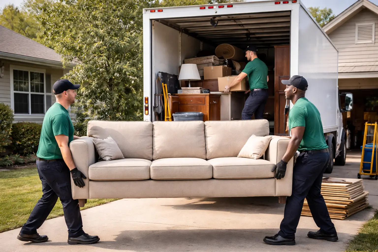 Junk hauling crew loading furniture into a truck during residential junk hauling in Denver, CO.