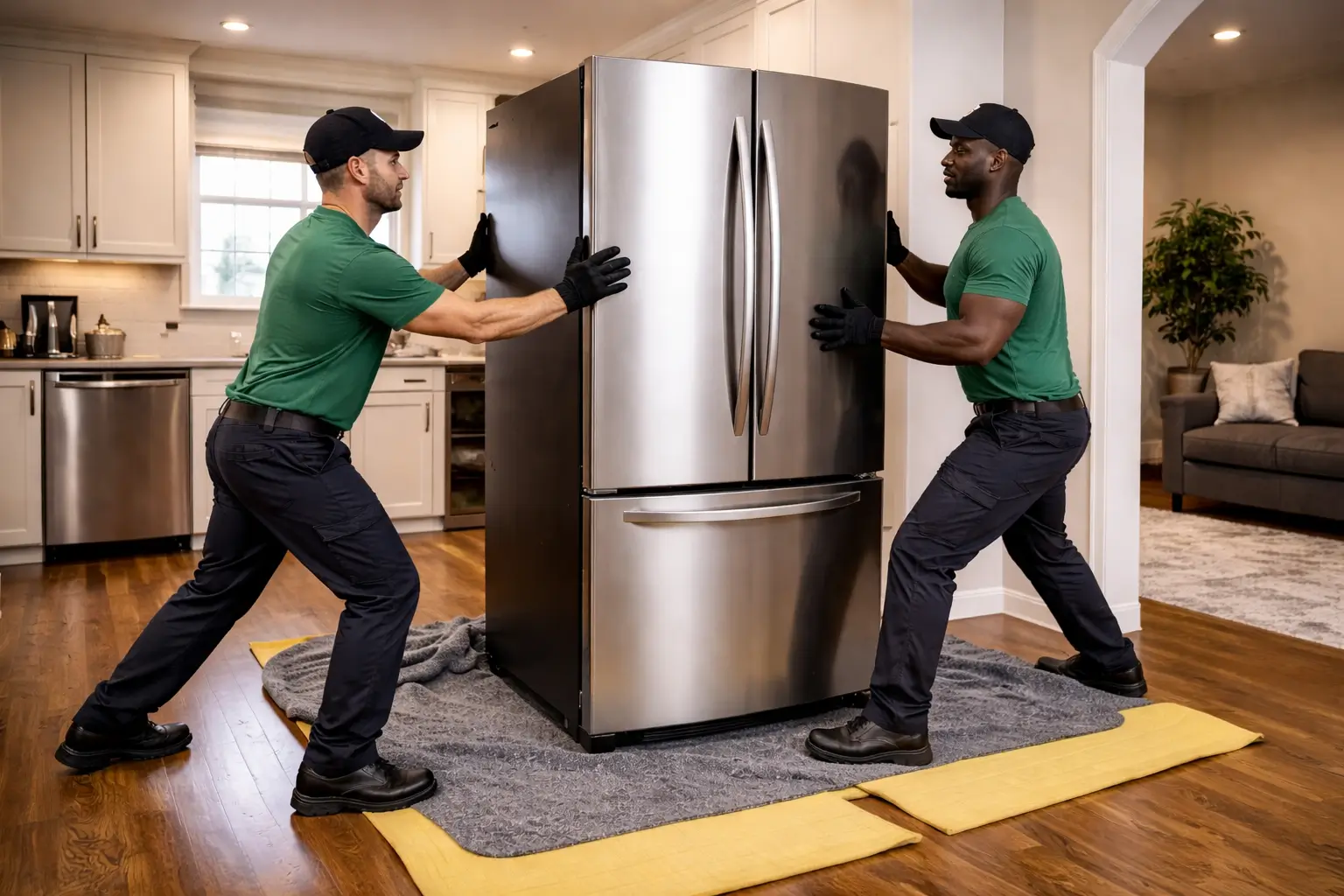 Professional appliance removal during junk hauling in Denver, CO, protecting interior flooring and walls.