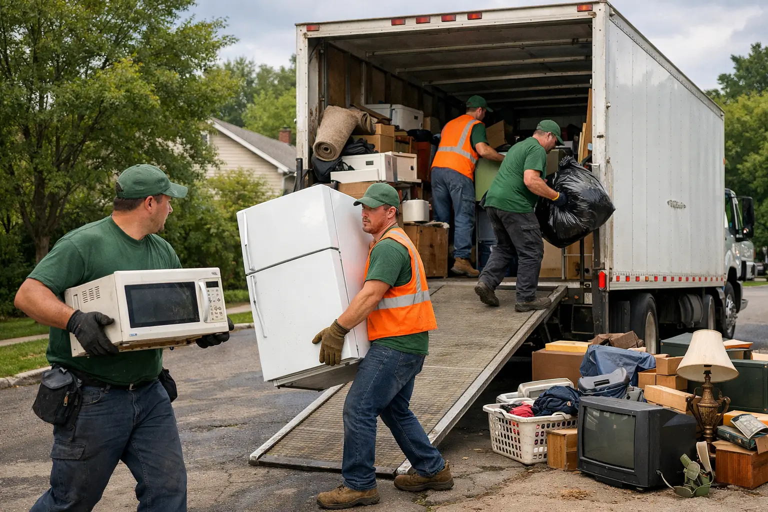 Junk removal crew hauling appliances and household clutter into a truck for proper disposal.