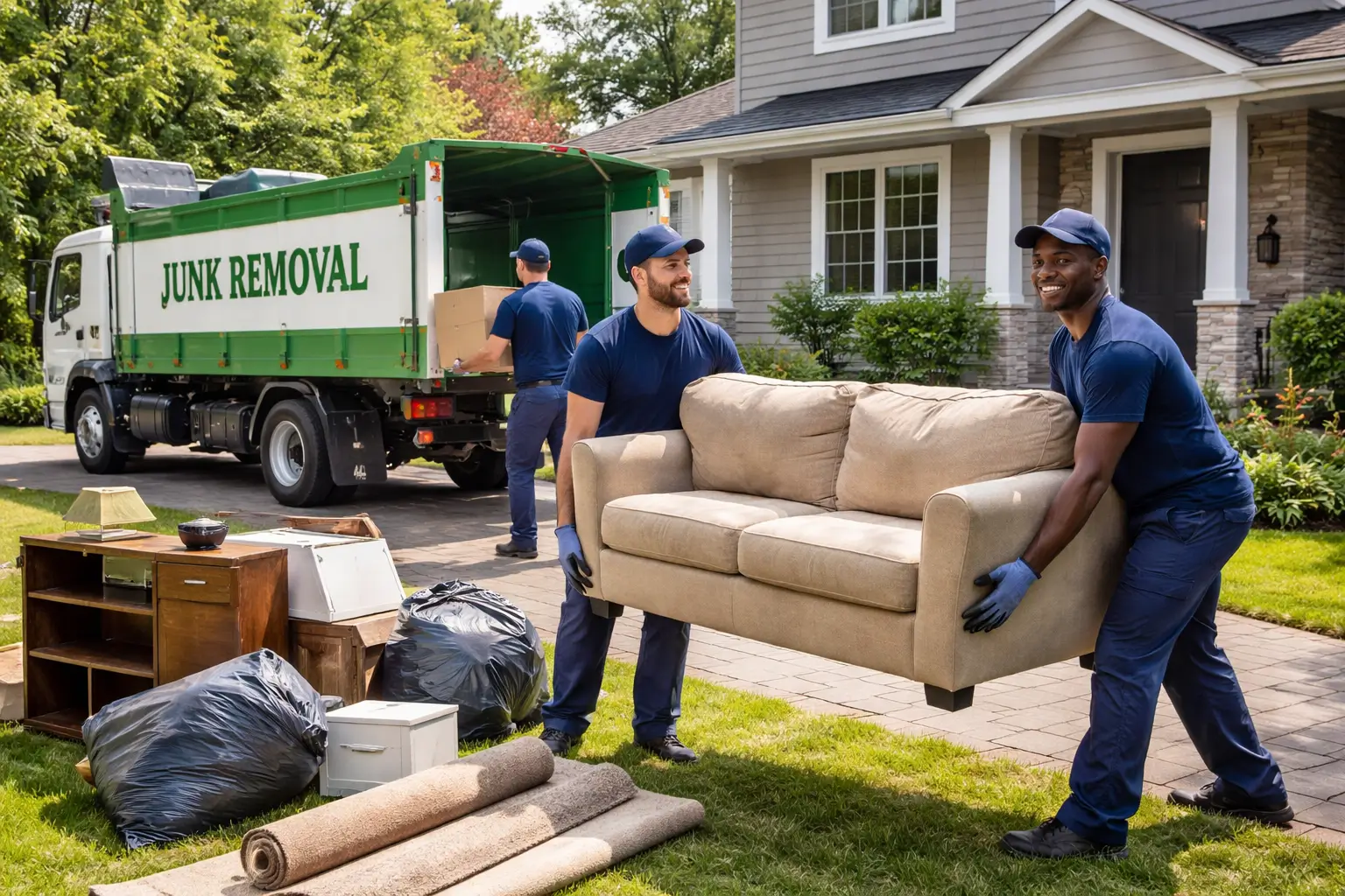 Professional junk removal team clearing unwanted furniture and debris from a residential property.