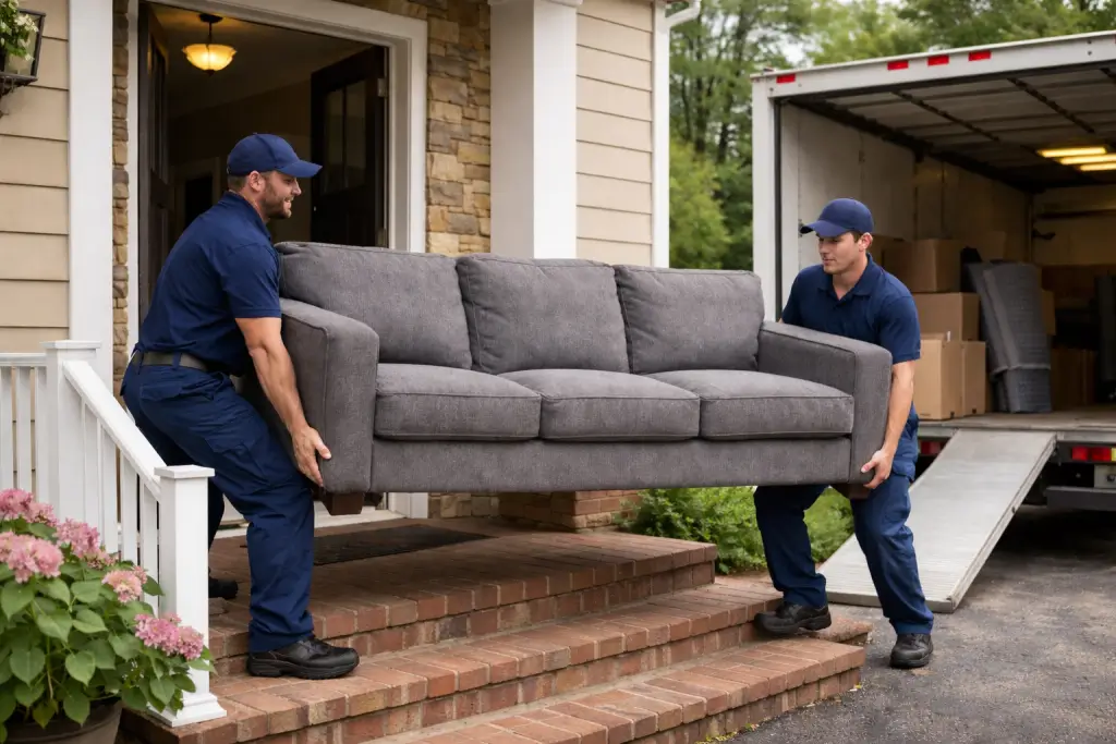 A professional furniture removal team carefully carries a heavy couch out of a Denver home.