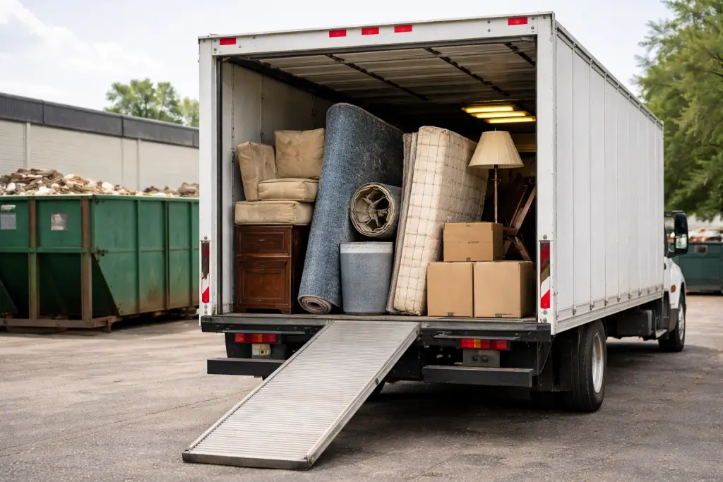 Furniture removal truck loaded with large household items for proper disposal in Denver, CO.